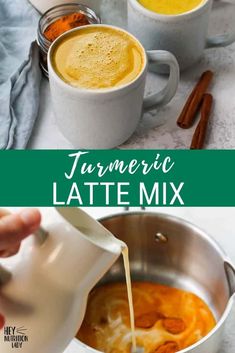 two mugs filled with different types of liquid next to each other and the words tumericic latte mix