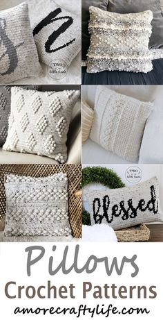 crochet pillows with the words pillow written in black and white letters on them