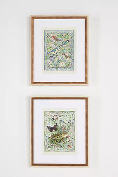 two framed pictures hanging on the wall next to each other, one with a bird and another with flowers