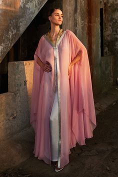 Buy Pink Chiffon (100% Viscose) V Neck Metallic Tape Organza Kaftan For Women by AKHL Online at Aza Fashions. Organza Kaftan, King Lear, Metallic Yarn, Pink Chiffon, Fashion App, Abaya Fashion, Pink Satin