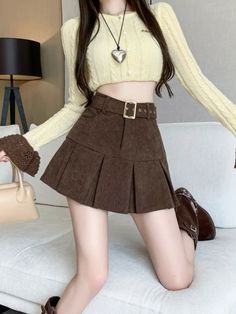 Solid High Waist Corduroy Skirt, Casual Pleated Mini Skirt With Belt~ Rok Mini, Skirt Casual, Skirts Midi High Waisted, High Waisted Pencil Skirt, Coffee Color, Aesthetic Things, Color Cafe, Mermaid Skirt, Corduroy Skirt