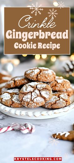 gingerbread cookies on a white plate with christmas decorations in the background and text overlay that reads, crinkle gingerbread cookie recipe