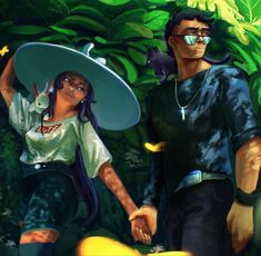 a man and woman walking in the jungle holding hands