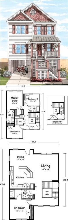 two story house plans with garage and living room on the first floor, one bedroom is above