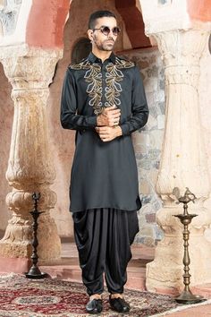 Black afghani kurta with abstract embroidery on the yoke. Paired with a cowl salwar. - Aza Fashions Men Kurta, Abstract Embroidery, Black Abstract, Full Sleeves, Aza Fashion, Full Sleeve, Satin, Embroidery, Black