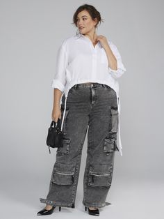 Plus Size Button-Down Shirt with Curved Drawstring Hem | Fashion to Figure Leggings And Heels, Elevated Casual, Wear With Leggings, Fashion To Figure, White Button Down Shirt, White Button Down, Cute Bow, Menswear Inspired, Cargo Jeans