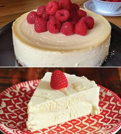 there are two pictures of a cheesecake with raspberries on top