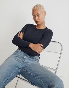 Variegated Ribbed Crewneck Long-Sleeve Tee Madewell Top, Deep Indigo, Simple Tees, Madewell Denim, Chunky Sweater, Ribbed Fabric, Layering Pieces, Hip Length, Madewell