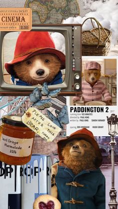 a collage of teddy bears wearing hats and coats with the caption paddington 2