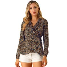 Elevate your wardrobe with the Allegra K Women's Floral Print V-Neck Wrap Shirt, a perfect blend of elegance and comfort. This chiffon top features a captivating dark blue floral design that adds a touch of springtime to any outfit.

- Material: Lightweight chiffon
- Color: Dark Blue
- Size: Large
- Gender: Female
- Features: V-neckline, tie waist, ruffle neck, wrap-style bodice, peplum silhouette

Crafted with a cross V-neckline and a wrap-style bodice, this top accentuates your silhouette with Chiffon Wrap Top, Tie Waist Shorts, Ruffle Fabric, Chiffon Wrap, Peplum Shirts, Cowl Neck Long Sleeve, Wrap Shirt, Miranda Kerr, Feminine Look