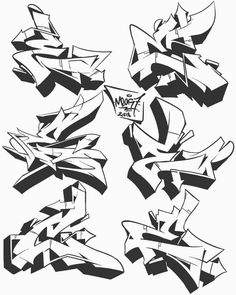 black and white graffiti alphabets are shown in this graphic art drawing technique, which includes letters