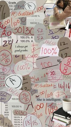 a collage of papers with numbers and symbols on them, including one woman sitting in a chair