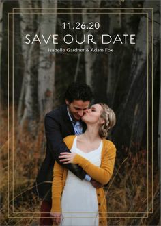 a couple kissing each other in front of trees with the words save our date on it