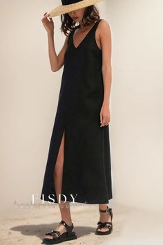 Fisdy - Vestido largo de lino para mujer con cuello en V y abertura frontal Midi Sundress, Sleeveless Dresses, Midi Dress Casual, Loose Outfit, Hip Dress, Mid Length Dresses, V Cut, Dress Cuts, Linen Dresses