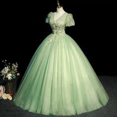 Item Details ： Product Number : C1955 Fabric: Tulle Silhouette：Ball Gown Sleeves ：Short Sleeves Back Style:Lace Up Light Green Quinceanera Dresses, Dresses Inspired By Disney Princesses, Enchanted Dresses, Slay Dresses, Princess Medieval, Lace Prom Gown, Green Ball Gown, Green Quinceanera Dresses, Green Evening Gowns