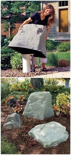 a woman standing next to two large rocks