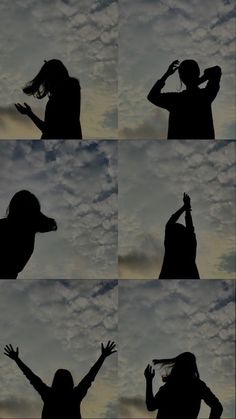 the silhouettes of two people are shown in different poses, with clouds behind them