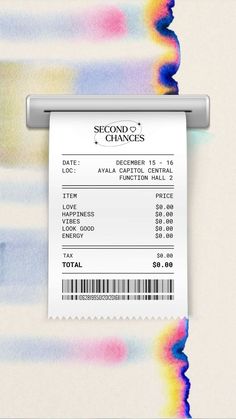 a ticket is hanging on the wall in front of a rainbow colored background with text that reads second gennes