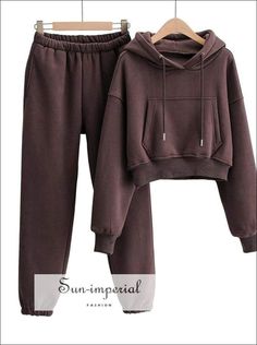 Sun-imperial Women Grey Cropped Drop Shoulder Kangaroo Pocket Fleece Hoodie Sweatshirt & Sweatpants 2 piece set Winter Athleisure, Cotton Sweatpants, Hoodie And Sweatpants, Sweatpants Set, Pant Length, Elastic Waist Pants, Ankle Length Pants, Loose Sweater, Pants Pattern