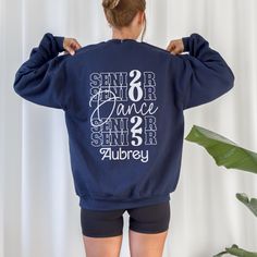 Celebrate the hard work for your favorite Senior in the Class of 2025 puts into dance with this super soft Gildan 18000 sweatshirt! A cute design for this pullover crewneck will surely be her new favorite. Whether for back to school or a graduation gift, this sweatshirt will be a new favorite! Personalize with your dancer's name.  **PLEASE NOTE: the graphic and name are printed on the BACK of the sweatshirt. **Because of the composition, the print may look less vibrant due to the ink being absor 2024 Dance, Dance Fundraisers, Dance Team Shirts, Senior Class Shirts, Senior Sweatshirts, Dance Team Gifts, Senior Night Gifts, Drill Team, Dancer Gift