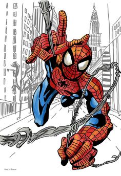 the amazing spider - man is running through the city with his hands in the air