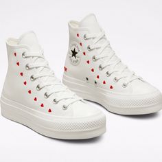 Converse Ctas Platform High Valentines Day Embroidered Hearts Red White Pink Size 6.5 Women Brand New. Damaged Box. In Hand Ships Same Day. School Dance Shoes, Heart Converse, Aesthetic Converse, All Star Platform, White Chucks, Embroidered Hearts, Heart Clothes, Converse White, White Converse