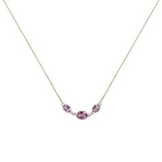 Three graduated oval cut amethyst framed in a halo of 14 karat yellow or white gold are suspended from a delicate chain to form this dainty necklace. Perfect for layering or on its own for a subtle bit of sparkle. Gently clean with mild soap and water with a soft brush.  Can be cleaned with an ultrasonic cleaner as well. Do not use a steam cleaner on amethysts or expose them to excessive heat or sunlight as it can alter the color of the stone. Timeless Oval Purple Jewelry, 14k Gold Oval Necklace In Purple, Steam Cleaner, Ultrasonic Cleaner, Stocking Fillers For Her, Forever Jewelry, Delicate Chain, Jewelry Ring Box, Amethyst Necklace