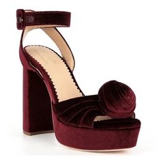 Antonio Melani X Nicola Bathie Emilia Velvet Rosette Platform Dress Sandals Size: 9.5 Color: Burgundy Condition: New Without Box / Never Worn From Antonio Melani X Nicola Bathie, The Emilia Velvet Rose Platform Dress Sandals Feature: Velvet Fabric Upper Velvet Fabric Rose Pleated Detailing Adorns The Vamp Ankle Strap With Buckle Closure Covered Velvet Buckle Leather Lining Covered Velvet Fabric Heel And Platform Leather Sock With Antonio Melani X Nicola Bathie Logo Sock Stamp Leather Outsole Wit Nicola Bathie, Leather Jewels, Fabric Rose, Velvet Rose, Leather Thong Sandals, Fabric Roses, Leather Socks, Antonio Melani, Leather Wedge Sandals