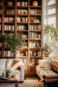 a living room filled with lots of bookshelves next to a couch and coffee table