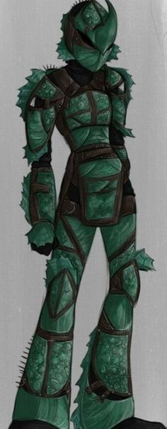 a drawing of a man dressed in green armor and holding his hands on his hips