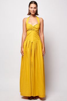 Spring Halter Neck Maxi Dress With Gathered Neckline, Spring Gala Maxi Dress With Ruched Back, Summer Gala Dress With Ruched Back, Yellow Ruched Maxi Dress For Party, Chic Ruched Halter Maxi Dress, Elegant Ruched Yellow Maxi Dress, Elegant Yellow Ruched Maxi Dress, Summer Evening Maxi Dress With Ruched Back, Ruched Summer Maxi Dress For Gala