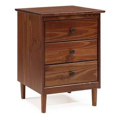 a wooden night stand with three drawers on one side and an open drawer on the other