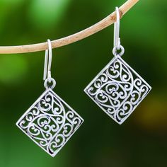 Crafted from sterling silver two squares are filled with openwork vine patterns like latticework. Aoy presents this pair of dangle earrings from Thailand. Love Bells, Vine Pattern, Jewellery Indian, Silver Jewellery Indian, Filigree Jewelry, Irish Jewelry, Wire Bangles, Silver Dangle Earrings, Sterling Silver Dangle Earrings