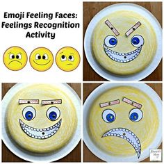 three pictures of faces made out of paper plates with the words feelings recognition activity on them