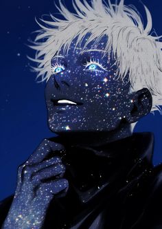 a man with white hair and blue eyes is looking up at the stars on his face