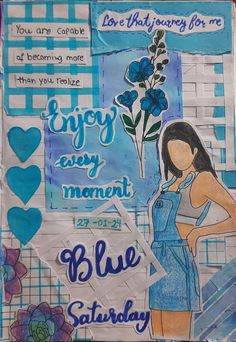 a collage made with scrapbook paper and blue images on the side, including flowers