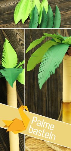 the palm tree is made out of paper and has leaves attached to it, along with a bottle of wine