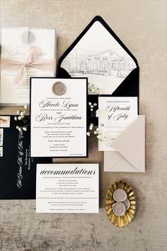 the wedding stationery was done in black, white and gold