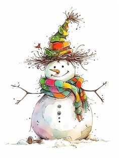 a drawing of a snowman wearing a hat, scarf and mittens on his head