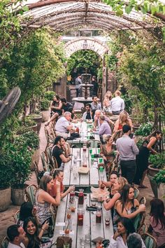 a group of people sitting around a long table in an outdoor dining area with lots of greenery