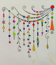 a drawing of a multicolored wind chime hanging from a white wall with colorful beads