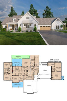 Single-Story Country Style 5-Bedroom Farmhouse for a Wide Lot with In-Law Suite and Bonus Room (Floor Plan) House Plans With Separate Guest House, Home Plans With Inlaw Suite, 5 Bedroom House Floor Plan With Mother In Law Suite, House Plan With Guest Suite, Next Gen Homes Floor Plans, Home With Inlaw Suite House Plans, One Story Multi Generational House Plans, Home Plans With Mother In Law Suite, House With Inlaw Suite Floor Plans