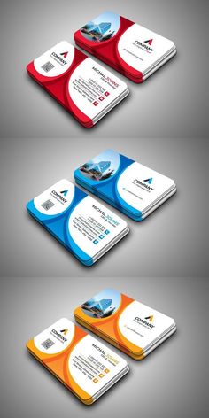 three business cards with different colors and shapes