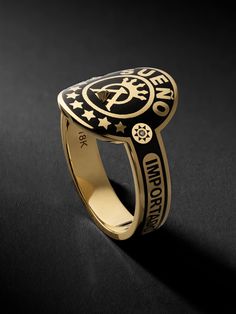 Foundrae uses an impressive technique called champlevé to craft this signet ring, it's fired until the 18-karat gold and vitreous enamel fuse, and then polished for a smooth finish. Designed to recall a cigar band, it features the word sueño , Spanish for 'dream', and bezel-set diamonds on either side of the crown. Signet Ring For Men, Diamond Signet Ring, Vitreous Enamel, Signet Ring Men, Bezel Set Diamond, Ring For Men, Gold Enamel, 14kt Gold, Mr Porter