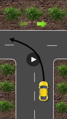 an overhead view of a yellow car driving down a road with arrows pointing in different directions