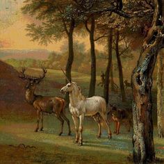 a painting of deer in a wooded area