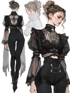 a drawing of a woman in black clothes with sheer sleeves and high waisted pants