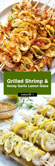 grilled shrimp and honey garlic lemon glass skewers on a white platter