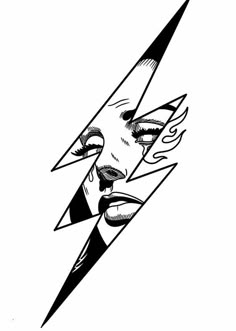 a black and white drawing of a woman's face with lightning bolt in the background