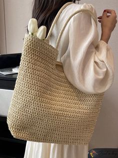 BirdinBag - Vacation Beach Bag - Spacious Straw Tote with Minimalist Double Handles Summer Solid Color Rectangular Hobo Bag, Lightweight Beige Rectangular Shoulder Bag, Casual Summer Bucket Bag With Long Handle, Casual Square Hobo Bag For Summer, Casual Summer Square Hobo Bag, Solid Color Beach Shoulder Bag, Elegant Beach Season Tote Bags, Elegant Beach Bag For Everyday Use, Casual Vacation Shoulder Bag With Long Handle